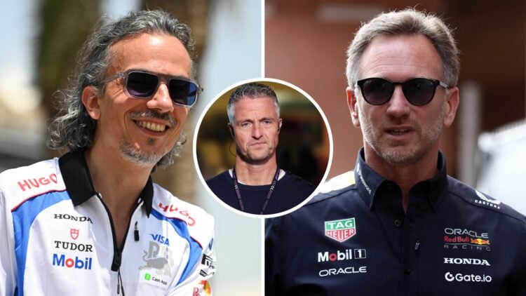 Racing Bulls team principal Laurent Mekies in the 2025 F1 Bahrain Grand Prix paddock and Red Bull Racing team principal Christian Horner in the 202...