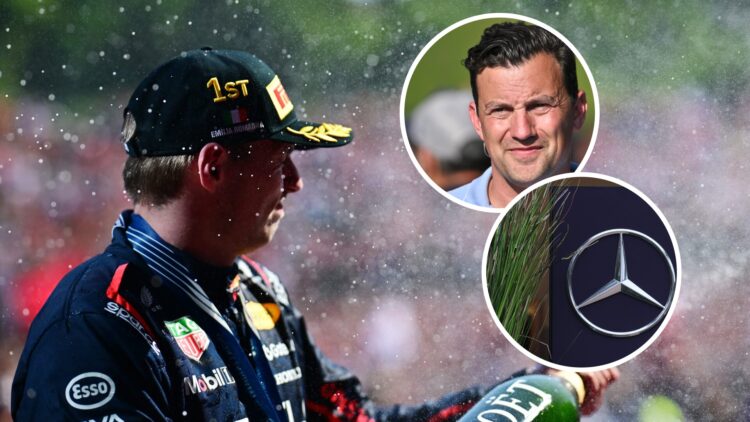 Red Bull Racing driver Max Verstappen celebrating at the 2025 Formula 1 Emilia Romagna Grand Prix, inset, Will Buxton and Mercedes logo