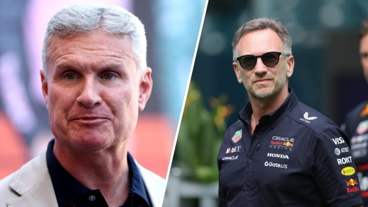 Split image of David Coulthard (L) at the 2025 Monaco Grand Prix and Red Bull team principal Christian Horner (R)