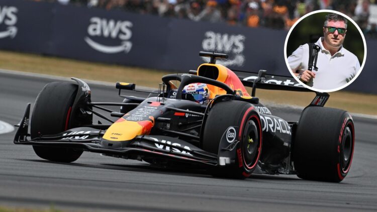 Max Verstappen drives the Red Bull F1 car; inset of David Croft