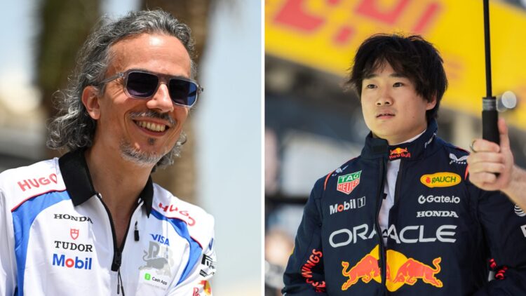 Split image of Racing Bulls boss Laurent Mekies (L) and Red Bull driver Yuki Tsunoda (R)