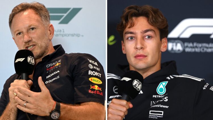 Red Bull Racing team principal Christian Horner at the Miami Grand Prix, Mercedes driver George Russell being interviewed