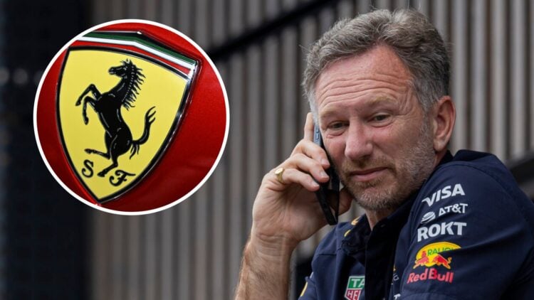 sacked Red Bull team principal Christian Horner in the 2025 F1 Austrian Grand Prix paddock with an inset of the Ferrari badge