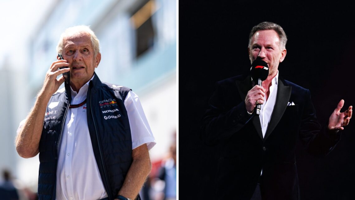 Helmut Marko of Red Bull speaks on the phone in the F1 paddock (L); Christian Horner at F1 75 (R)