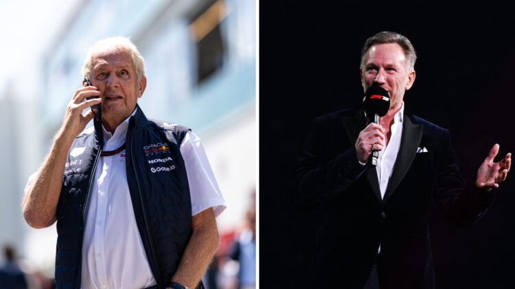 Helmut Marko of Red Bull speaks on the phone in the F1 paddock (L); Christian Horner at F1 75 (R)