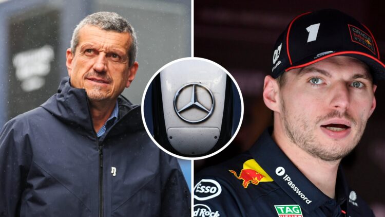 Red Bull Racing driver Max Verstappen (right), Guenther Steiner at the F1 Dutch Grand Prix (left), inset, Mercedes logo on a Formula 1 nose