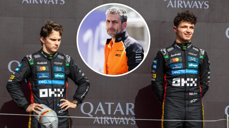 McLaren drivers Oscar Piastri and Lando Norris on the podium after the 2025 F1 British Grand Prix with an inset of Andrea Stella in the 2025 Canadi...