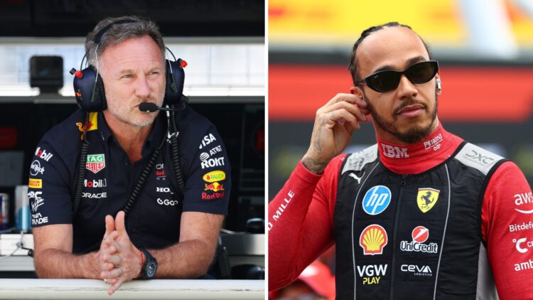 Red Bull Racing team principal Christian Horner (left) leaning on the pit wall, Ferrari driver Lewis Hamilton (right) at the 2025 Formula 1 British...