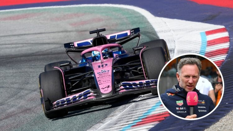 Pierre Gasly drives the Alpine F1 car; inset of Christian Horner in an interview
