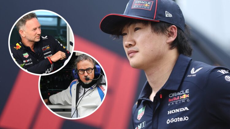 Red Bull driver Yuki Tsunoda in the 2025 F1 British Grand Prix paddock with insets of Christian Horner and Laurent Mekies