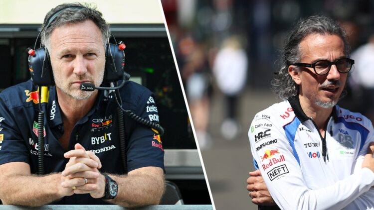 Christian Horner of Red Bull Racing and Laurent Mekies of Visa Cash App Racing Bulls