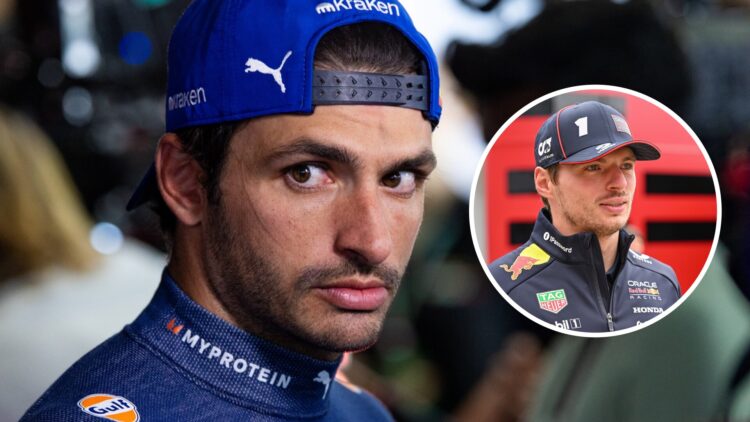 Carlos Sainz of Williams looks on; inset of Red Bull driver Max Verstappen
