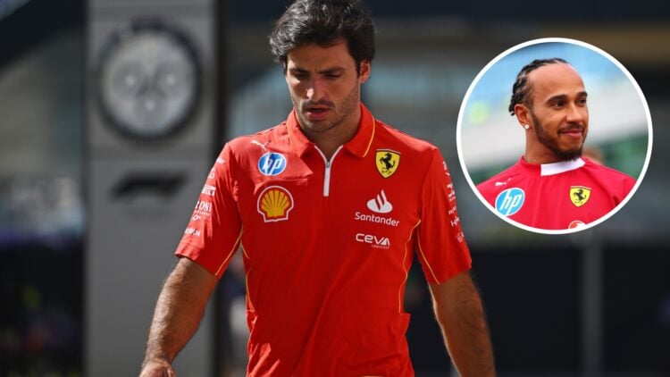 Carlos Sainz walks in the F1 paddock during his Ferrari days; inset of Lewis Hamilton smiling