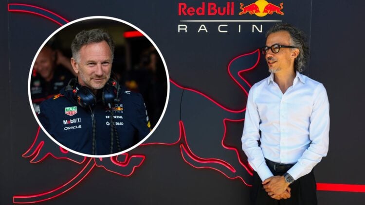 Red Bull team principle Laurent Mekies during a Silverstone filming day with an inset of Christian Horner in the garage during qualifying for the 2...