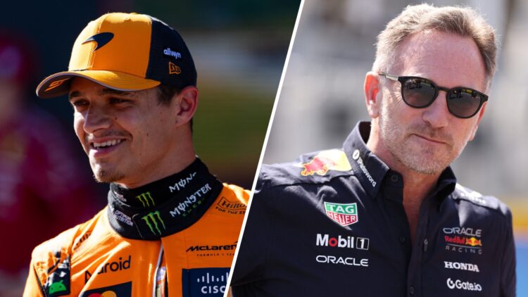 Lando Norris of McLaren smiles (L); Christian Horner of Red Bull looks on (R)