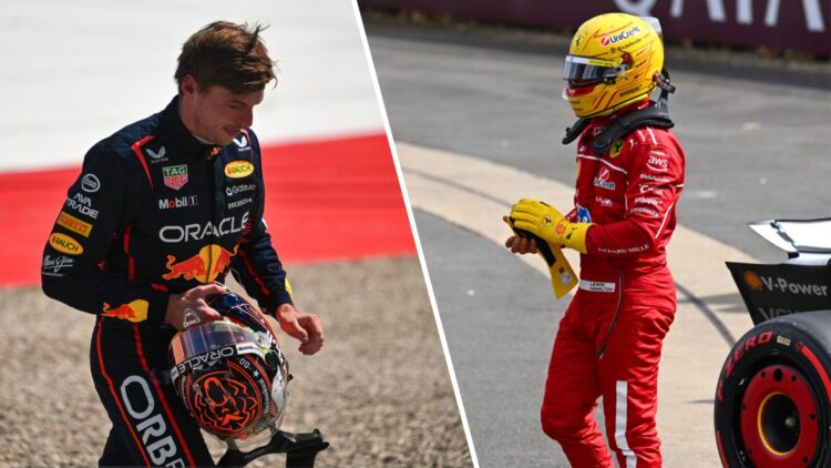 Max Verstappen of Red Bull walks after a crash (L); Lewis Hamilton of Ferrari in parc ferme (R)