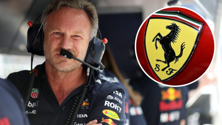 Christian Horner sits on the Red Bull pit wall at the 2025 F1 Austrian Grand Prix with an inset of the Ferrari logo