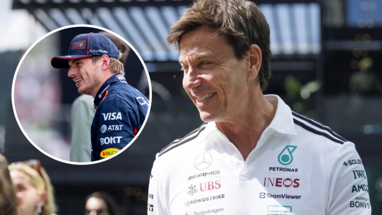 Toto Wolff of Mercedes smiles in the F1 paddock; inset of Red Bull driver Max Verstappen
