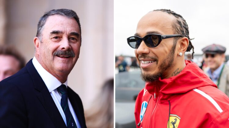 Nigel Mansell (left) at Westminster Abbey honouring Stirling Moss, Ferrari driver Lewis Hamilton (right) at the 2025 Formula 1 British Grand Prix