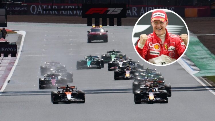 Max Verstappen leading the start of the 2025 Formula 1 British Grand Prix, inset, Michael Schumacher
