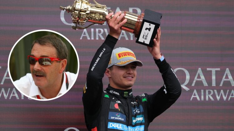 McLaren driver Lando Norris celebrating on the podium at the 2025 Formula 1 British Grand Prix, inset, Nigel Mansell