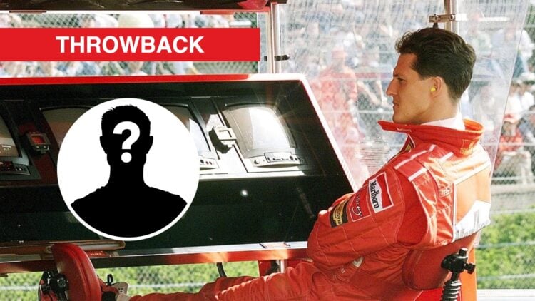 Ferrari driver Michael Schumacher sitting on the pit wall at the 1998 Japanese Grand Prix