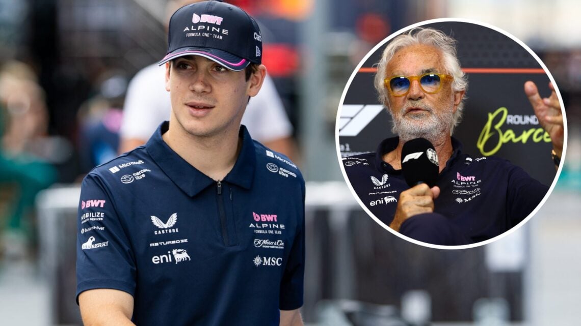 Alpine driver Franco Colapinto at the 2025 British Grand Prix, inset Flavio Briatore at the 2025 Spanish Grand Prix