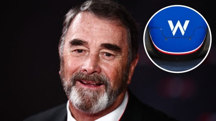 1992 F1 champion Nigel Mansell at the F1 75 launch evet, inset Williams logo seen on the FW46