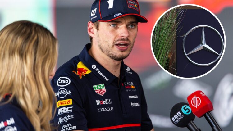 Red Bull driver Max Verstappen in the media pen at the 2025 British Grand Prix, inset Mercedes logo