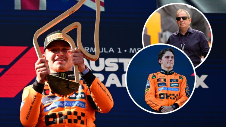 Lando Norris of McLaren celebrates winning the 2025 F1 Austrian Grand Prix on the Red Bull Ring podium with insets of Oscar Piastri and Martin Brundle