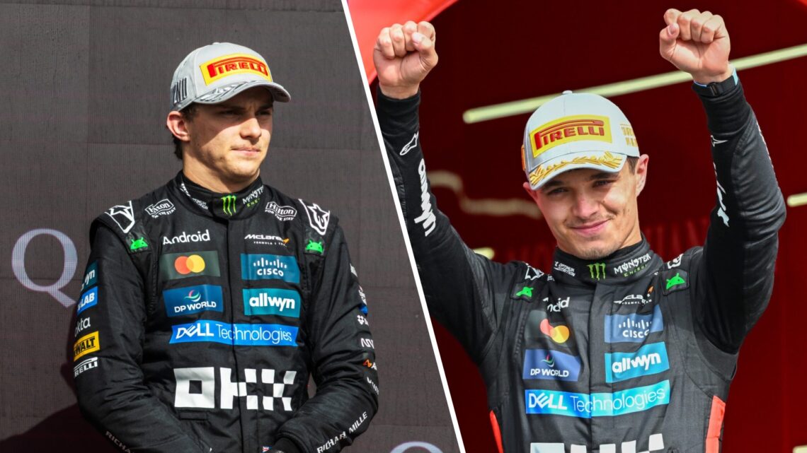 Oscar Piastri and Lando Norris on the podium after the British Grand Prix