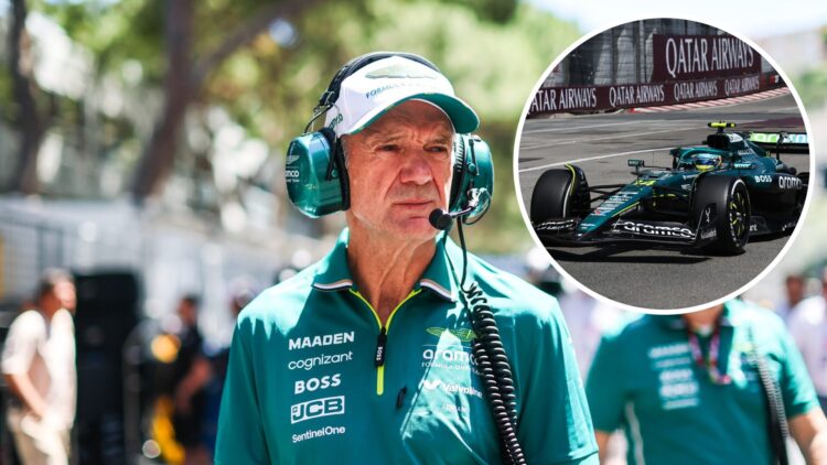 Aston Martin designer Adrian Newey on the grid at the 2025 Formula 1 Monaco Grand Prix, inset Fernando Alonso