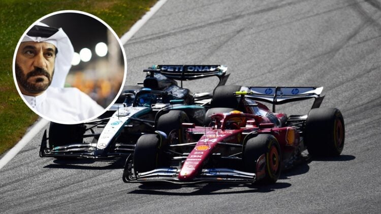 Lewis Hamilton and George Russell racing at the 2025 Formula 1 Austrian Grand Prix, inset, FIA president Mohammed Ben Sulayem