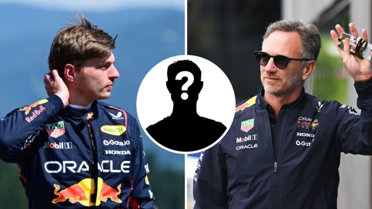 Red Bull driver Max Verstappen reacts after retiring from the 2025 F1 Austrian Grand Prix and Christian Horner in the paddock with a mystery person...
