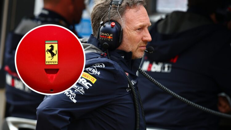 Former Red Bull Racing team principal Christian Horner at the British Grand prix, inset, a Ferrari logo on the front nose of an F1 car