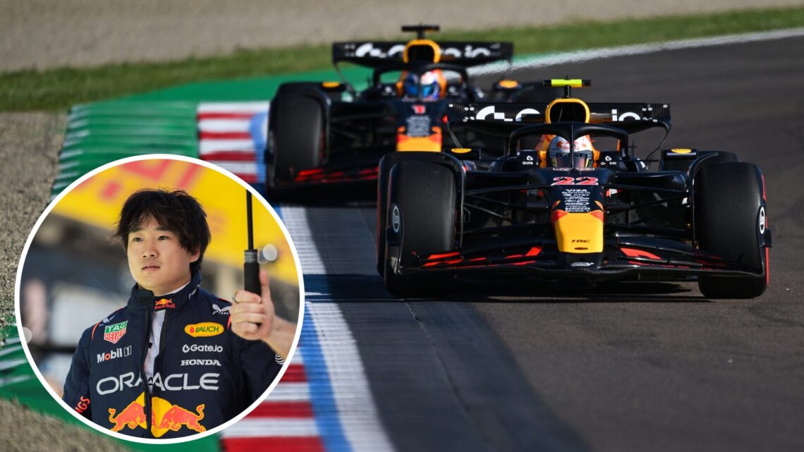 Max Verstappen and Yuki Tsunoda during practice at the 2025 Emilia Romagna Grand Prix, inset Yuki Tsunoda