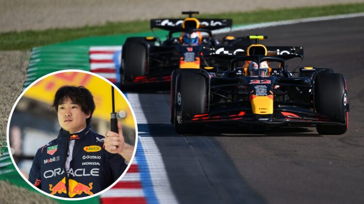 Max Verstappen and Yuki Tsunoda during practice at the 2025 Emilia Romagna Grand Prix, inset Yuki Tsunoda