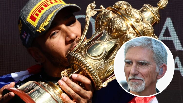 Lewis Hamilton celebrates winning the 2024 F1 British Grand Prix at Silverstone for Mercedes with an inset of Damon Hill