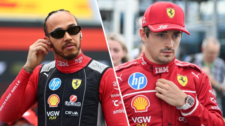 Split image of Lewis Hamilton (L) at the 2025 British Grand Prix and Charles Leclerc (R) at the 2025 Canadian Grand Prix