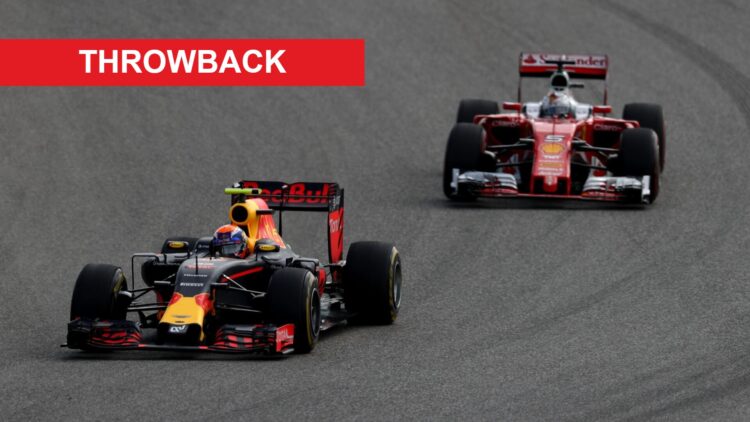 Max Verstappen of Red Bull leads Sebastian Vettel of Ferrari at the 2016 United States Grand Prix