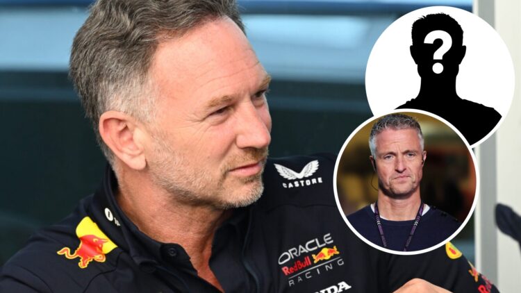 Red Bull Racing team principal Christian Horner in the 2025 Formula 1 Canadian Grand Prix paddock with an inset of Ralf Schumacher