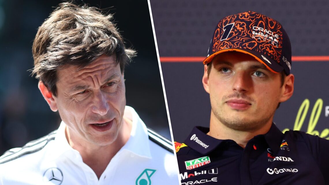 Mercedes F1 CEO and team principal Toto Wolff in the 2025 Austrian Grand Prix paddock and Red Bull driver Max Verstappen speaks to the media