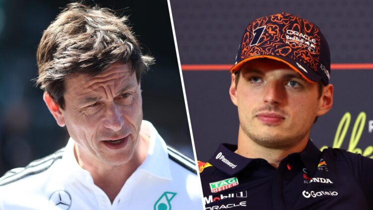 Mercedes F1 CEO and team principal Toto Wolff in the 2025 Austrian Grand Prix paddock and Red Bull driver Max Verstappen speaks to the media