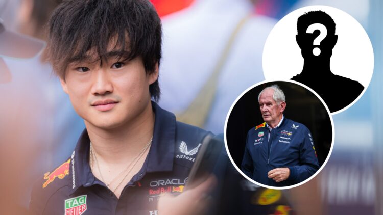 Red Bull driver Yuki Tsunoda in the 2025 F1 Austrian Grand Prix paddock with an inset of motorsport adviser Helmut Marko
