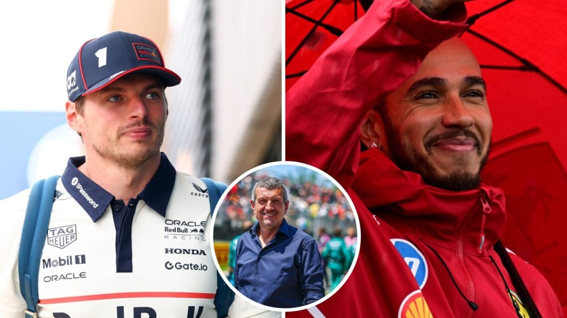 Max Verstappen of Red Bull walks in the F1 paddock (L); Lewis Hamilton of Ferrari waves at fans (R); inset of Guenther Steiner