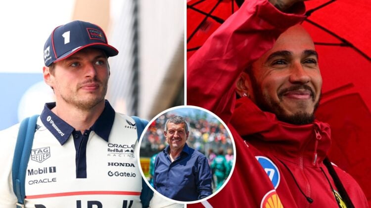 Max Verstappen of Red Bull walks in the F1 paddock (L); Lewis Hamilton of Ferrari waves at fans (R); inset of Guenther Steiner
