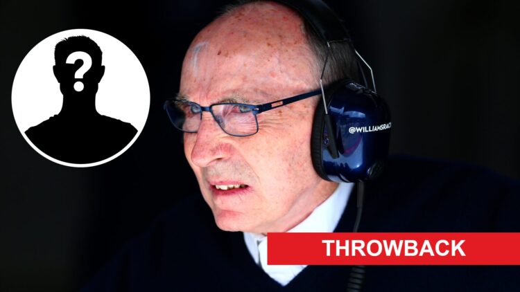 Former F1 team boss Frank Williams looks on; inset of a mystery driver