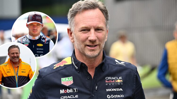 Christian Horner of Red Bull walks in the F1 paddock; insets of Max Verstappen and Zak Brown