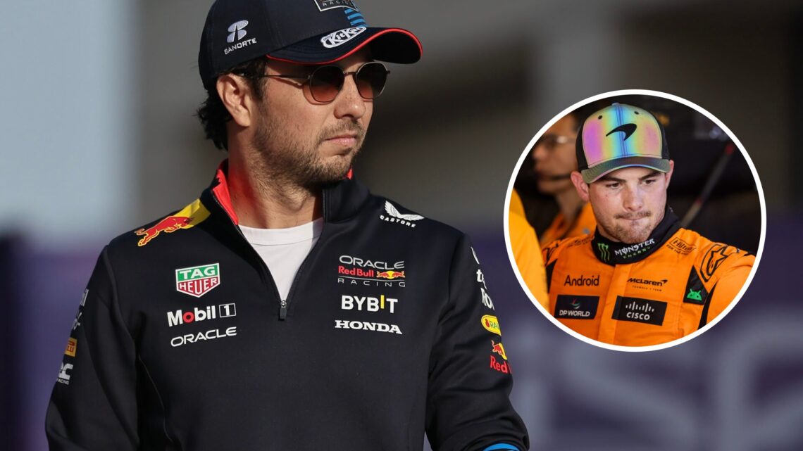 Sergio Perez walks in the Formula 1 paddock; inset shows Pato O'Ward of McLaren