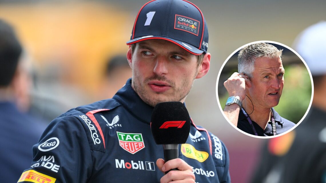 Max Verstappen of Red Bull speaks in parc ferme; inset of Ralf Schumacher